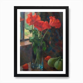 Flower Vase Sweet Pea With A Cat 2 Impressionism, Cezanne Style Art Print