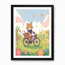 Happy Cat Delivers Flowers On Bike 1 Art Print