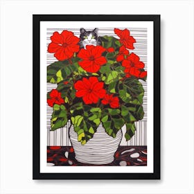 Drawing Of A Still Life Of Poinsettia With A Cat 2 Art Print