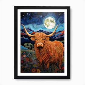 Wavy Line Highland Cow At Night Illustration 2 Art Print