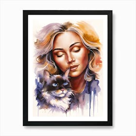 Watercolor Of A Woman With A Cat Art Print