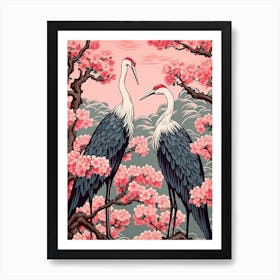 Cherry Blossom And Cranes Vintage Japanese Botanical Art Print