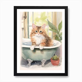 Kurilian Bobtail Cat In Bathtub Botanical Bathroom 1 Art Print