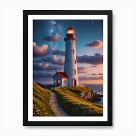 Fairytale Lighthouse At Night Art Print