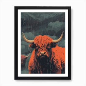 Orange & Black Highland Cow In The Rain  Art Print