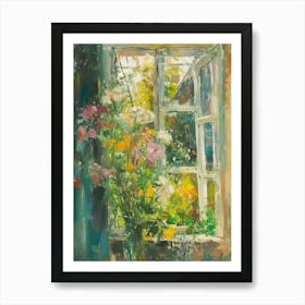 Chrysanthemum Flowers On A Cottage Window 1 Art Print