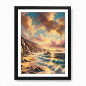 A Rocky Beach Cove At Sunset AI Art Print