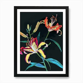 Neon Flowers On Black Gloriosa Lily 4 Art Print