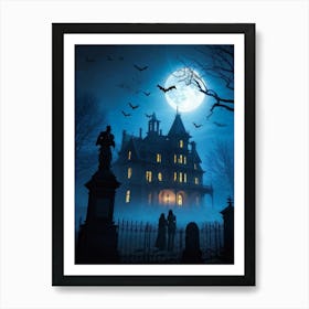 Frightened Souls Hovering Over A Victorian Mansion On A Dark Halloween Night Silhouetted Against A (3) Art Print