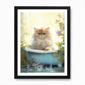 Persian Cat In Bathtub Botanical Bathroom 1 Art Print