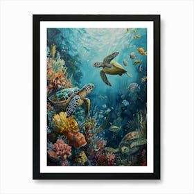 Sea Turtles With A Coral Reef Expressionism Style Painting 7 Art Print