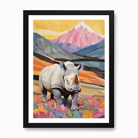 Patchwork Floral Rhino With Mountain In The Background 5 Art Print