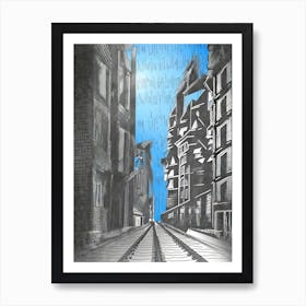 Railway track between buildings Art Print