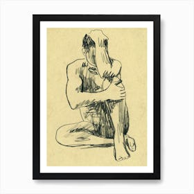 Male Nude Figure Man Naked Homoerotic Gay Art Erotic Drawing Adult Mature Sketch Bedroom Bathroom Pencil Graphite Beige Minimal Art Print