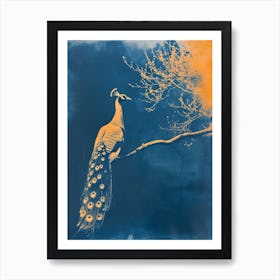 Vintage Orange & Navy Blue Peacock On A Tree Branch 2 Art Print