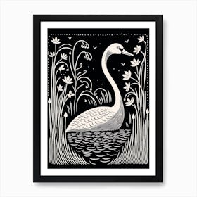 B&W Bird Linocut Swan 6 Art Print