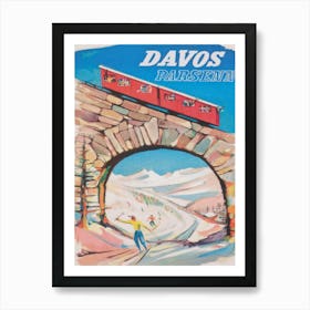 Davos Switzerland, Vintage Travel Poster, Red Tram, Winter Wall Art Art Print