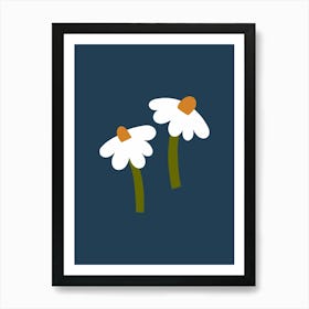 Daisies Two Flowers On Dark Blue Art Print