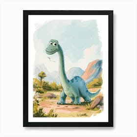 Cartoon Brachiosaurus Dinosaur Watercolour  3 Art Print