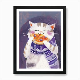 Grey And White Cat Pizza Lover Folk Illustration 1 Art Print