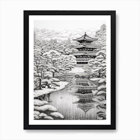 Kinkaku Ji (Golden Pavilion) In Kyoto, Ukiyo E Black And White Line Art Drawing 1 Art Print