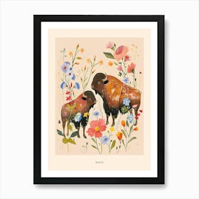 Folksy Floral Animal Drawing Bison 4 Poster Art Print