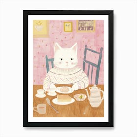 White Cat Having Breakfast Folk Illustration 1 Art Print