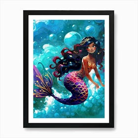 Mermaid, indian, melanin, cute, kids, underwater, sea, ocean, bubbles Art Print