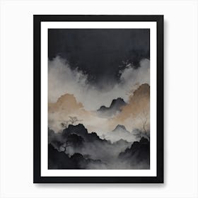 a foggy landscape with trees and clouds Art Print