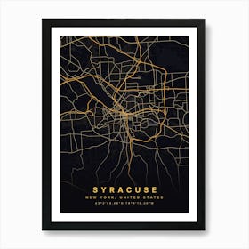 Syracuse New York USA Black And Gold Map Art Print