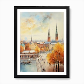 Riga Latvia In Autumn Fall, Watercolour 3 Art Print
