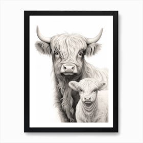 Black & White Illustration Of Highland Cow & Calf Art Print