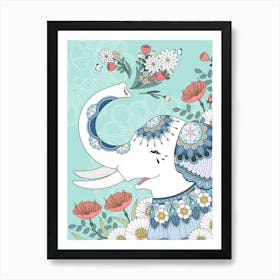 Beautiful White Elephant Coloring Page With Floral Art Print