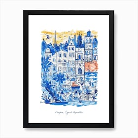 Prague Czech Republic Illustration Line Art Travel Blue Art Print