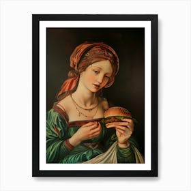 Altered ancient oil painting pop, lady With A Burger Art Print