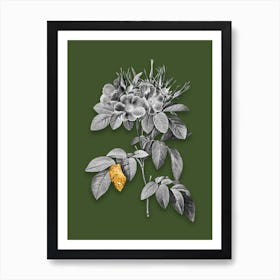 Vintage Pasture Rose Black and White Gold Leaf Floral Art on Olive Green n.0012 Art Print
