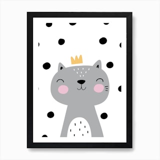 Scandi Grey Cat With Crown And Polka Dots Art Print