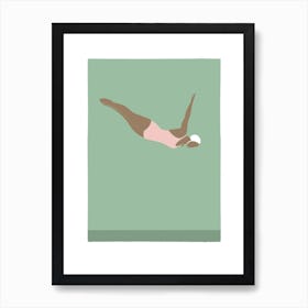 Art Deco Style diving woman in sage green Art Print