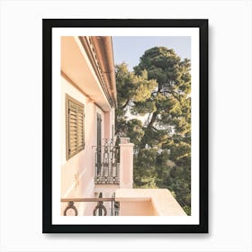 Puglia, Italy I Photography of an Italian seaside villa at sunset pastel light between architecture and Mediterraneannature with majestic pine trees and the soft summer light of the Amalfi coast Art Print