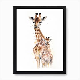 Giraffe And Baby Watercolour Illustration 3 Art Print