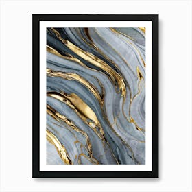 Abstract Marble Artwork Featuring Sinuous Gold And Silver Waves Flowing Amidst A Swirling Ocean Of V Art Print