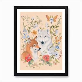 Folksy Floral Animal Drawing Wolf 2 Art Print