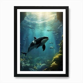 Realistic Orca Whale Swimming Deep Underwater With Fish Art Print