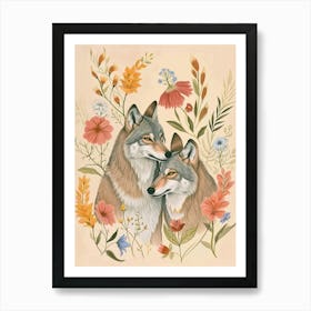 Folksy Floral Animal Drawing Wolf 4 Art Print