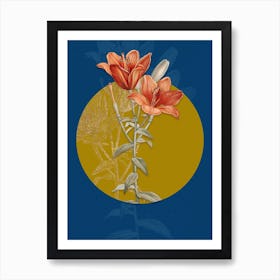 Vintage Botanical Orange Bulbous Lily on Circle Yellow on Blue n.0315 Art Print