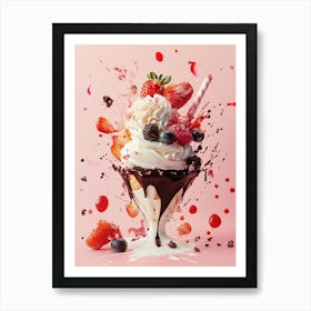 Ice Cream Sundae With Berries And Chocolate Splash Art Print