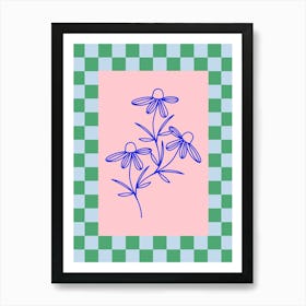 Modern Checkered Flower Poster Blue & Pink 10 Art Print
