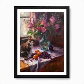 Flower Vase Lilac With A Cat 3 Impressionism, Cezanne Style Art Print