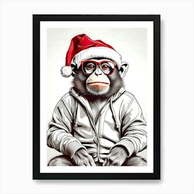 Monkey Christmas Hat Art Print