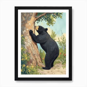 American Black Bear Scratching Its Back Against A Tree Storybook Illustration 2 Art Print